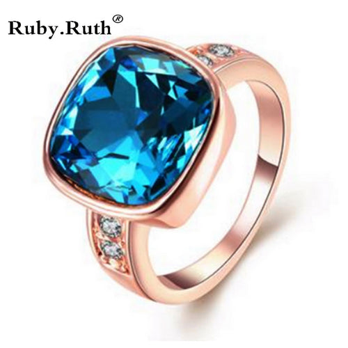 2017 Fashion Quality Gold Color Luxury Exaggerated Wedding Blue Zircon Crystal Rings Female Statement Jewelry Accessories